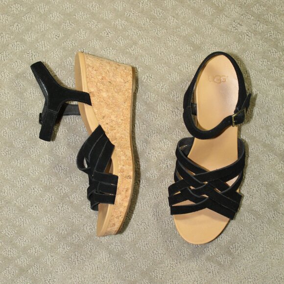 Ugg Uma Size 10 Black Suede Leather Cork Wedge Platform Heels Sandal Ankle - Picture 1 of 6